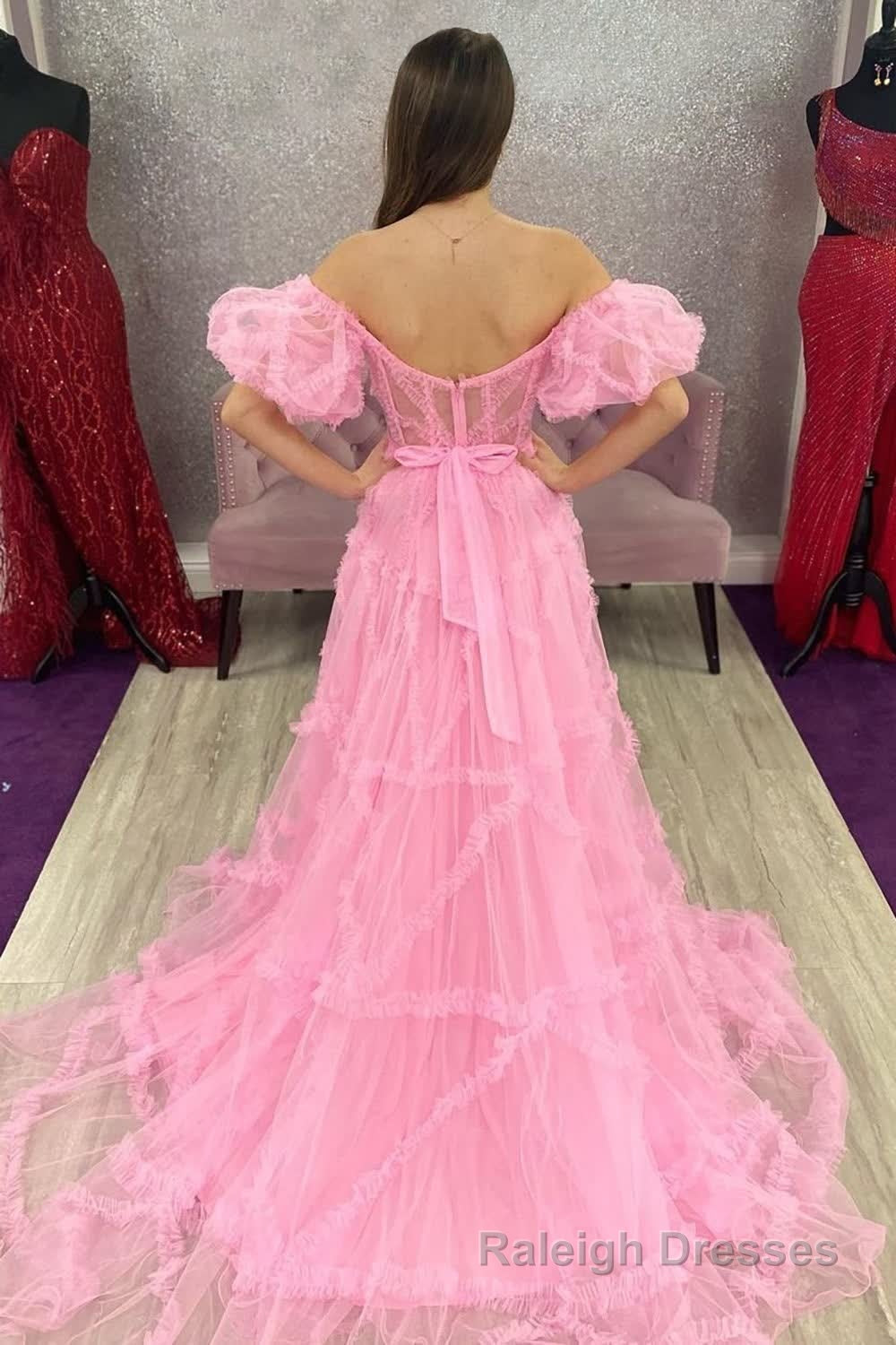 A Line Off the Shoulder Pink Tulle Corset Prom Dress with Bowknot Secondary image