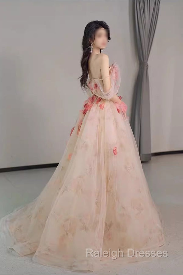 A Line Off the Shoulder Prom Dress with Flowers, Charming Tulle Prom Gowns