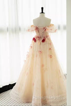 A Line Off the Shoulder Prom Dress with Flowers, Charming Tulle Prom Gowns