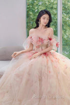 A Line Off the Shoulder Prom Dress with Flowers, Charming Tulle Prom Gowns