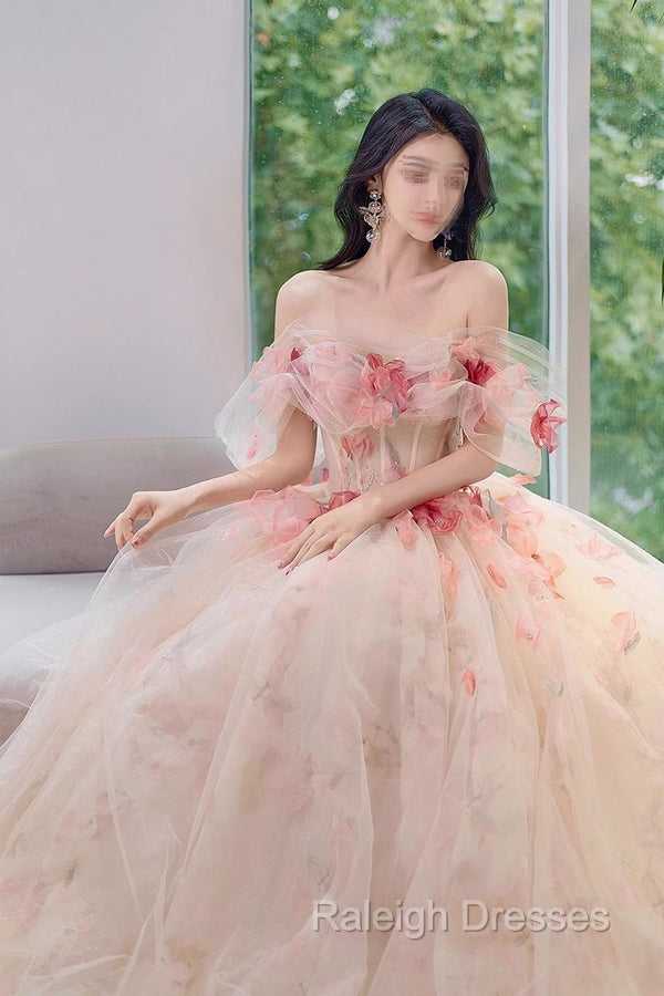 A Line Off the Shoulder Prom Dress with Flowers, Charming Tulle Prom Gowns