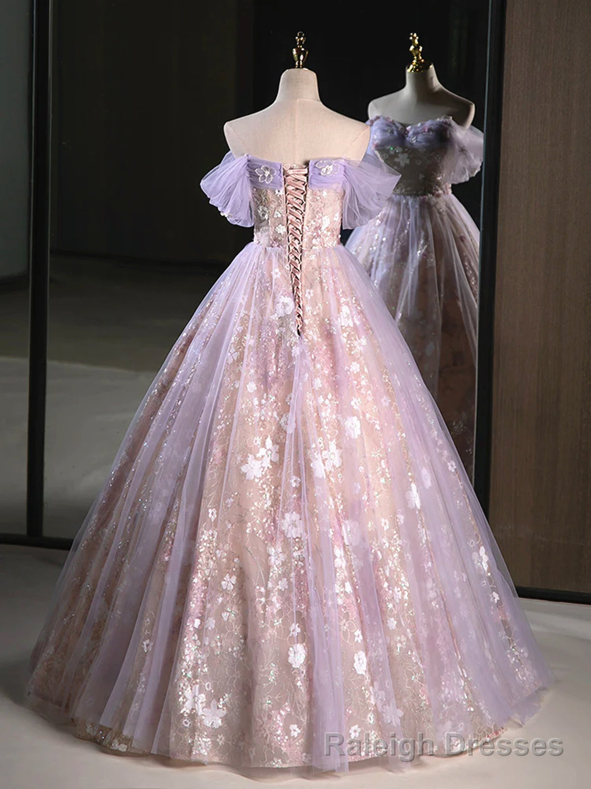 A Line Off the Shoulder Purple Lace Beaded Long Prom Dresses, Purple Lace Beaded Long Formal Prom Dresses Main image