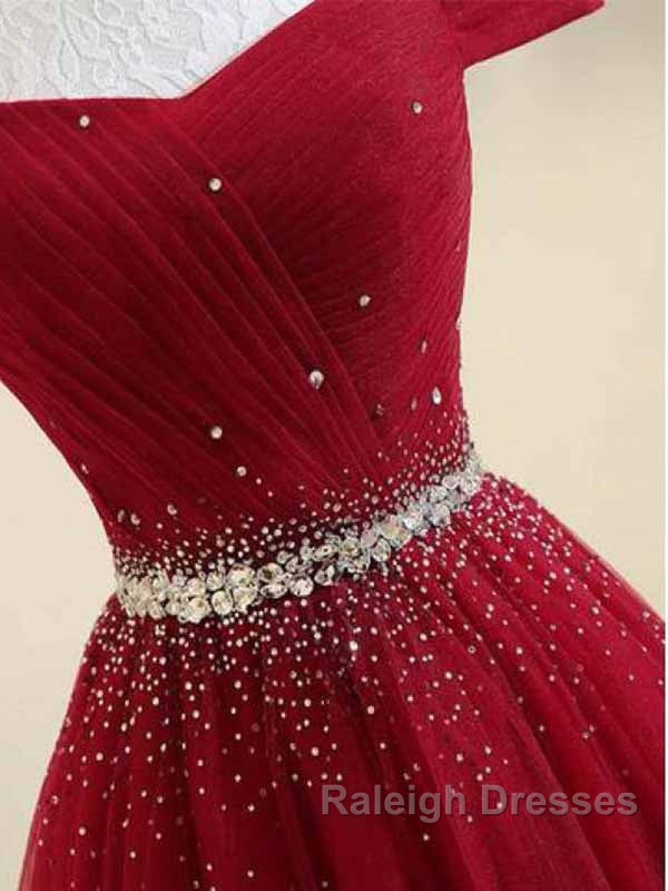 A-Line Off The Shoulder Red Tulle Prom Dress Evening Dress With Beading,
