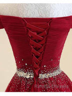 A-Line Off The Shoulder Red Tulle Prom Dress Evening Dress With Beading,