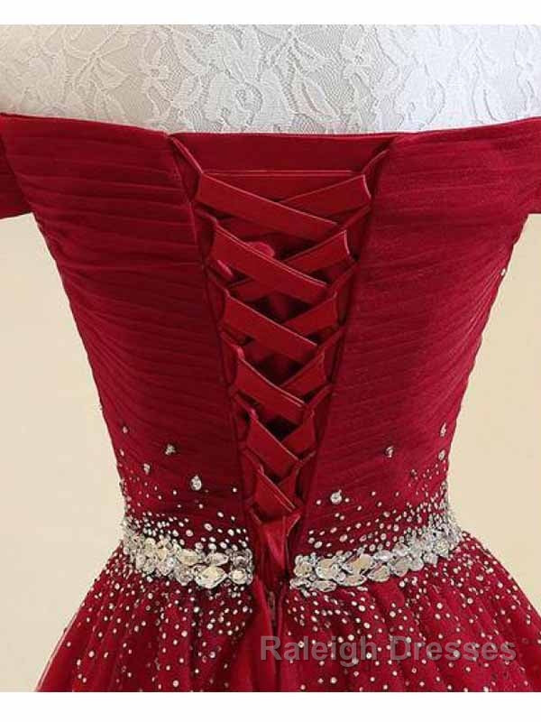 A-Line Off The Shoulder Red Tulle Prom Dress Evening Dress With Beading,