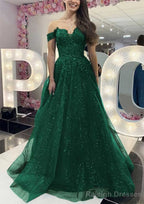 A-line Off-the-Shoulder Regular Straps Long/Floor-Length Tulle Prom Dresses With Appliqued Glitter