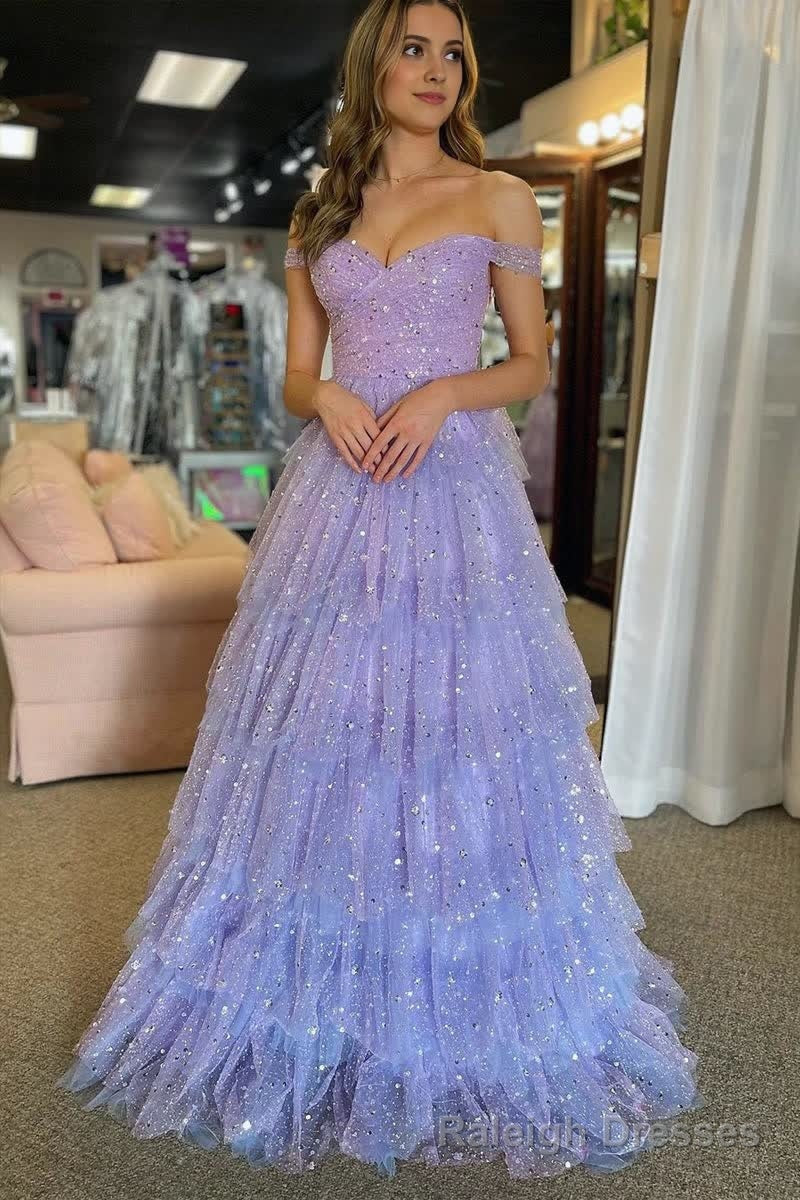 A Line Off the Shoulder Ruffle Tiered Tulle Long Prom Dress Main image