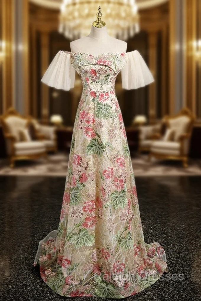 A-LIne Off the Shoulder Sequins Pearls Prom Dress