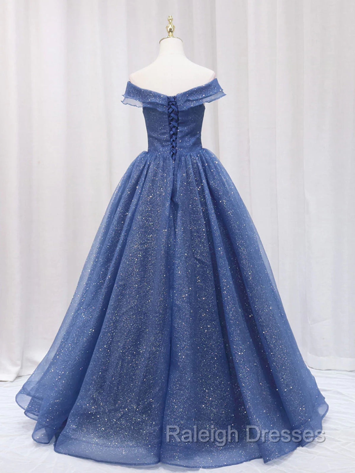 A Line Off the Shoulder Shiny Blue Long Prom Dresses, Off Shoulder Shiny Blue Formal Evening Dresses