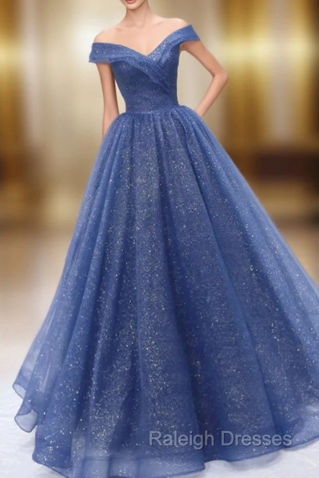 A Line Off the Shoulder Shiny Blue Long Prom Dress Off Shoulder Shiny Blue Prom Dress Main image