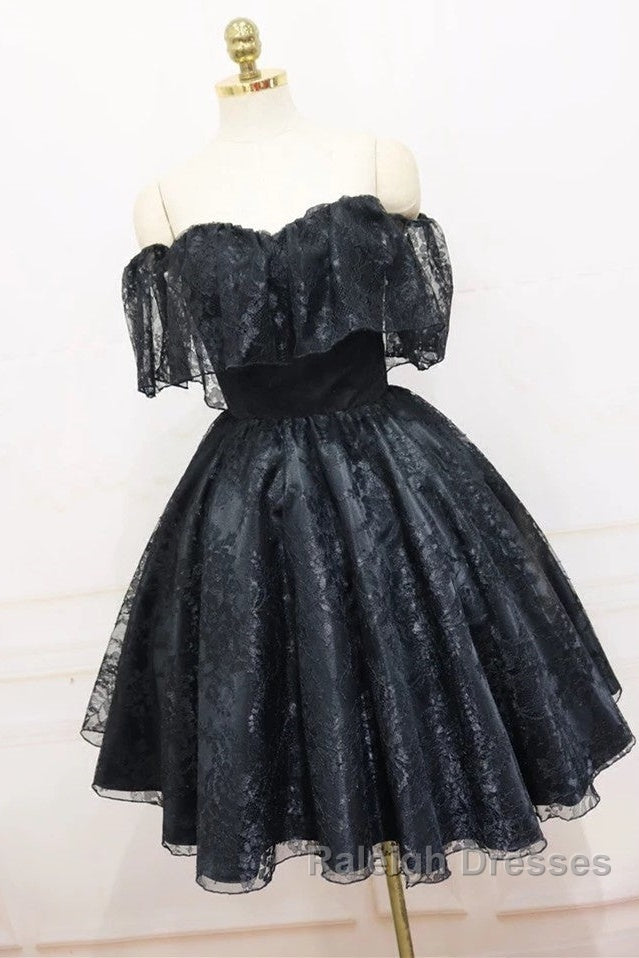 A-Line Off The Shoulder Short Black Lace Homecoming Dresses Secondary image