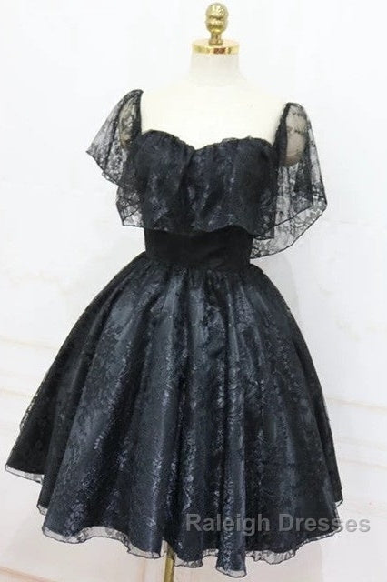 A-Line Off The Shoulder Short Black Lace Homecoming Dress