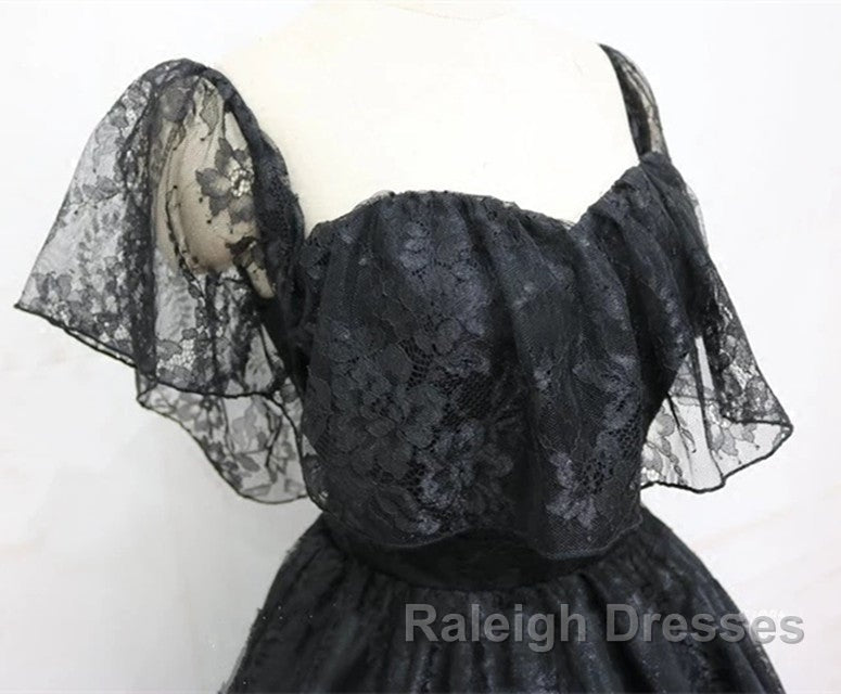 A-Line Off The Shoulder Short Black Lace Homecoming Dress