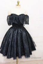 A-Line Off The Shoulder Short Black Lace Homecoming Dress