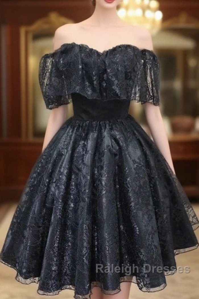 A-Line Off The Shoulder Short Black Lace Homecoming Dress Main image