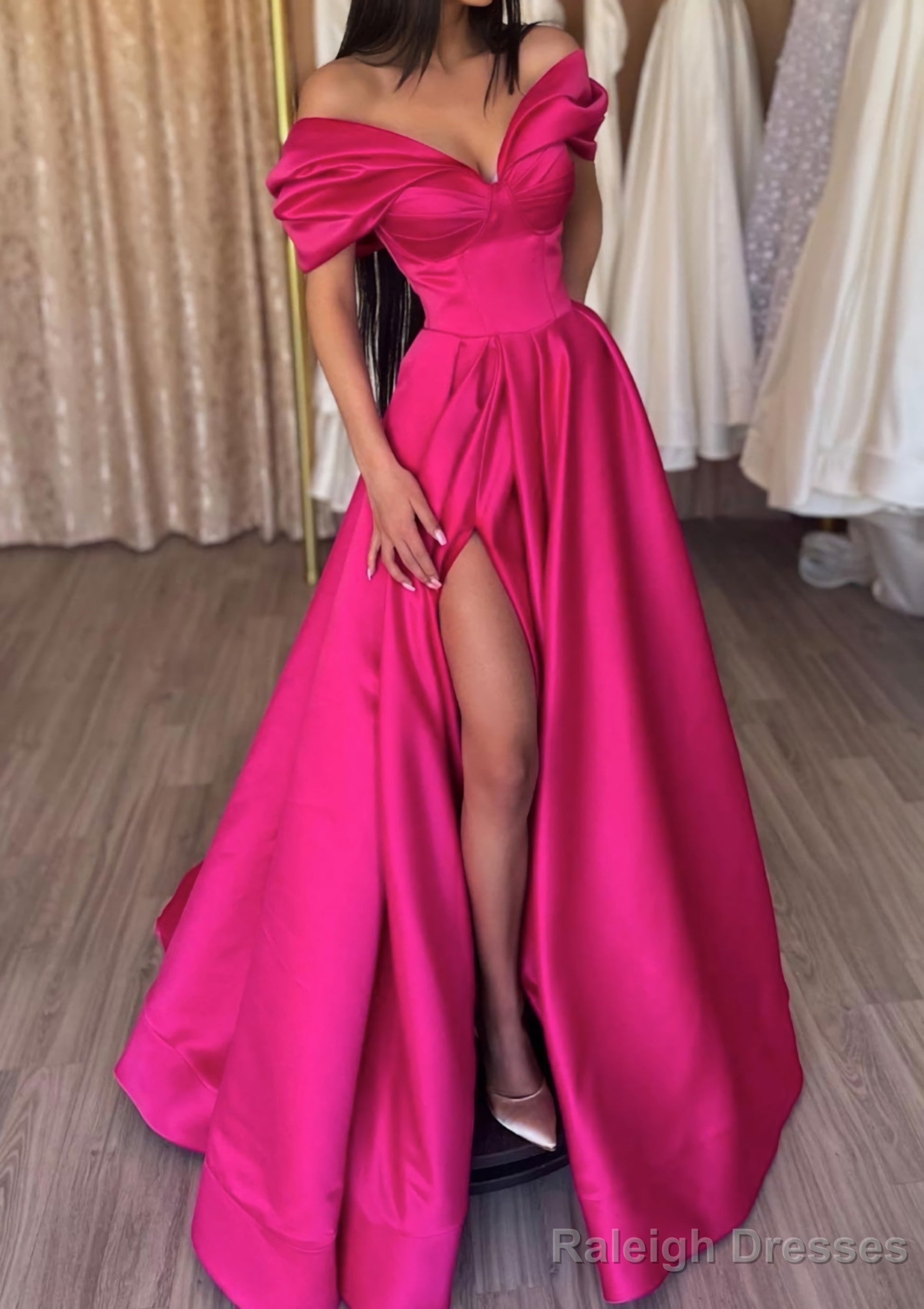 A-line Off-the-Shoulder Short Sleeve Satin Long/Floor-Length Prom Dresses With Ruffles Split Main image