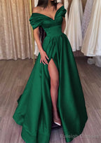 A Line Off-the-Shoulder Short Sleeve Satin Long Dress Floor Length Prom Dress With Ruffles Split