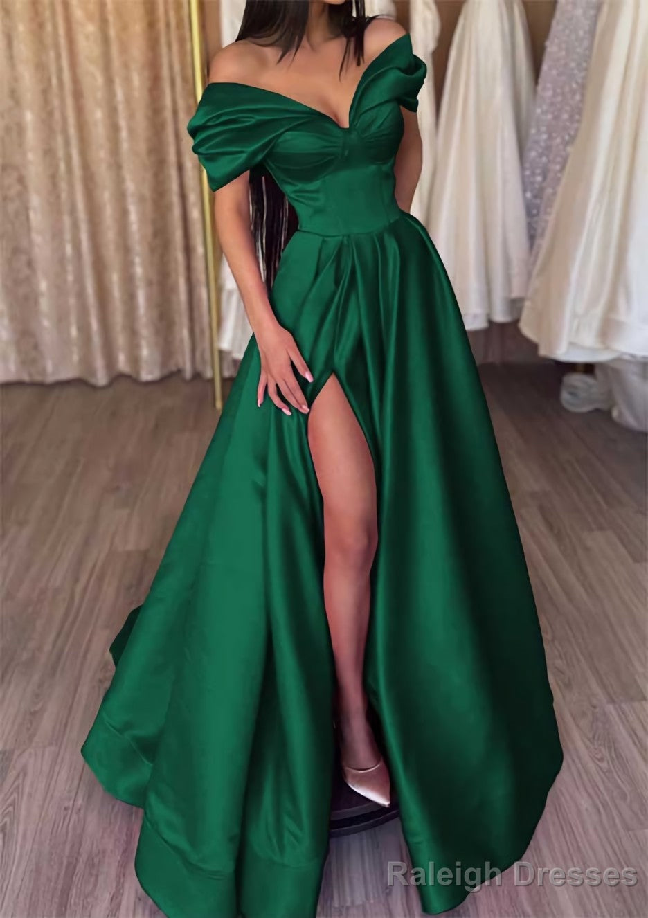 A Line Off-the-Shoulder Short Sleeve Satin Long Dress Floor Length Prom Dress With Ruffles Split