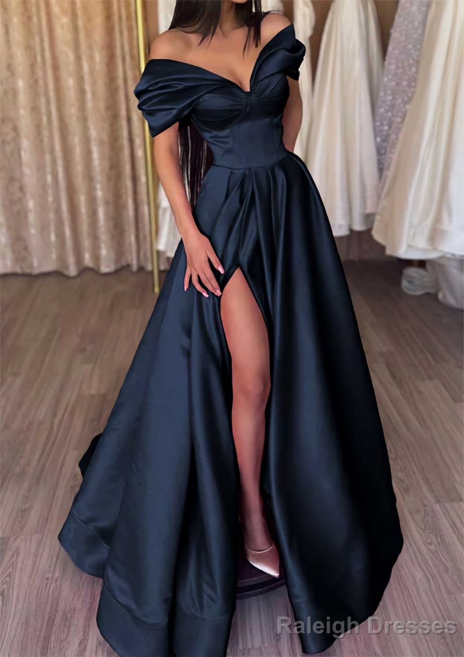 A Line Off-the-Shoulder Short Sleeve Satin Long Dress Floor Length Prom Dress With Ruffles Split