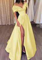 A Line Off-the-Shoulder Short Sleeve Satin Long Dress Floor Length Prom Dress With Ruffles Split