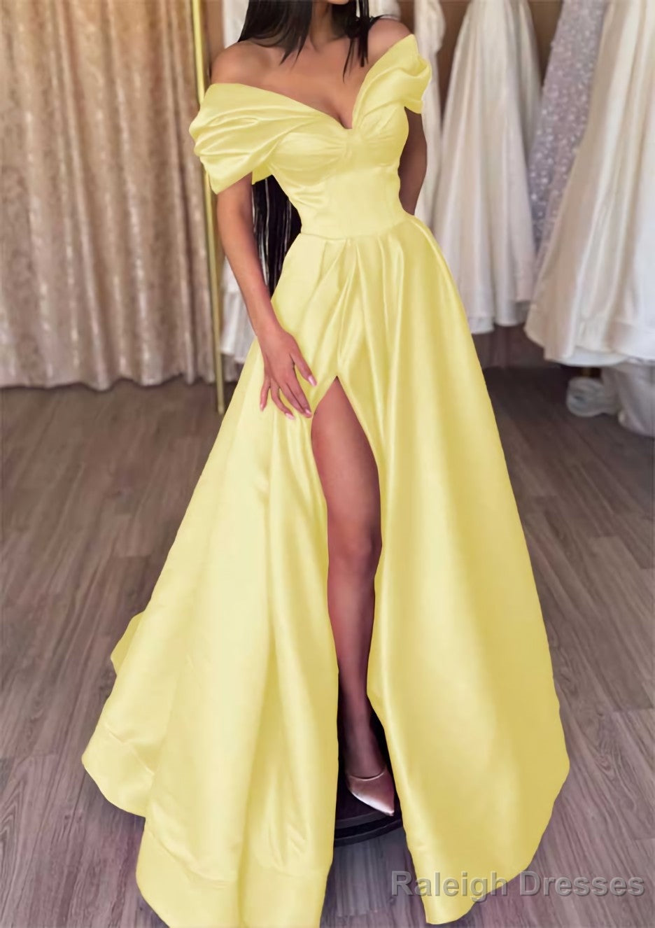 A Line Off-the-Shoulder Short Sleeve Satin Long Dress Floor Length Prom Dress With Ruffles Split