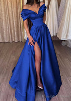 A-line Off-the-Shoulder Short Sleeve Satin Long/Floor-Length Prom Dresses With Ruffles Split