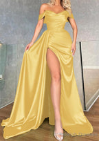 A Line Off-the-Shoulder Sleeveless Long Dress Floor Length Charmeuse Prom Dress With Pleated