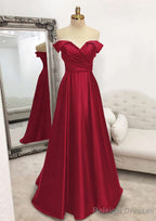 A Line Off-the-Shoulder Sleeveless Long Dress Floor Length Satin Prom Dress With Pleated