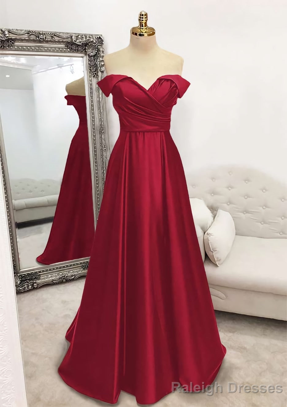 A Line Off-the-Shoulder Sleeveless Long Dress Floor Length Satin Prom Dress With Pleated