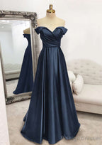 A Line Off-the-Shoulder Sleeveless Long Dress Floor Length Satin Prom Dress With Pleated