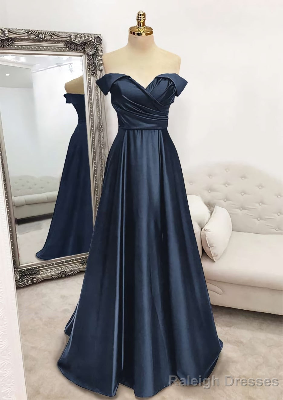 A Line Off-the-Shoulder Sleeveless Long Dress Floor Length Satin Prom Dress With Pleated