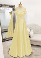 A-line Off-the-Shoulder Sleeveless Long/Floor-Length Satin Prom Dresses With Pleated