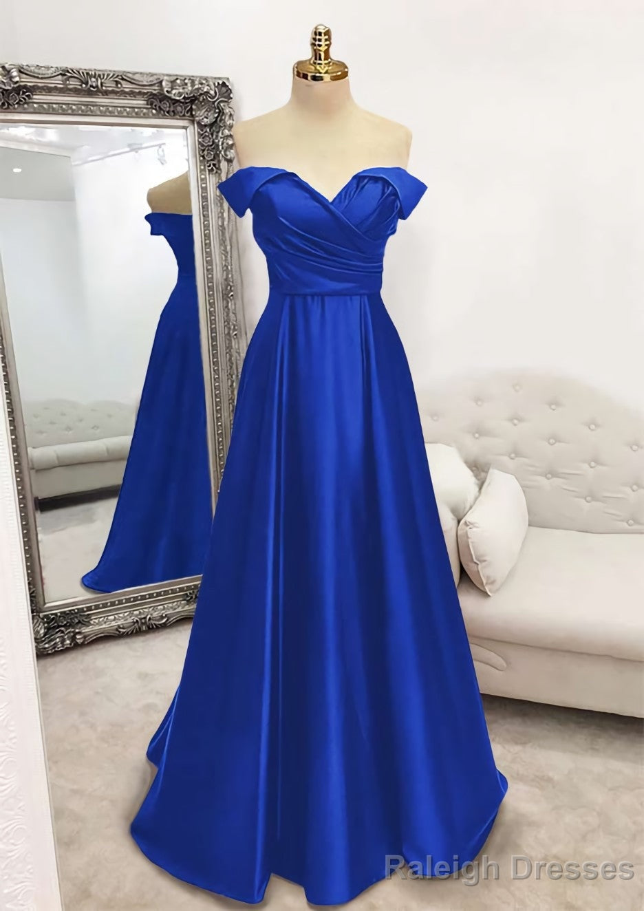 A Line Off-the-Shoulder Sleeveless Long Dress Floor Length Satin Prom Dress With Pleated Secondary image