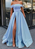 A Line Off-the-Shoulder Sleeveless Long Dress Floor Length Satin Prom Dress With Split