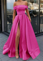 A-line Off-the-Shoulder Sleeveless Long/Floor-Length Satin Prom Dresses With Split