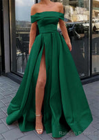 A Line Off-the-Shoulder Sleeveless Long Dress Floor Length Satin Prom Dress With Split