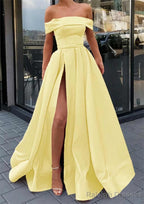 A-line Off-the-Shoulder Sleeveless Long/Floor-Length Satin Prom Dresses With Split