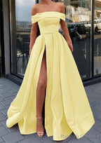 A Line Off-the-Shoulder Sleeveless Long Dress Floor Length Satin Prom Dress With Split