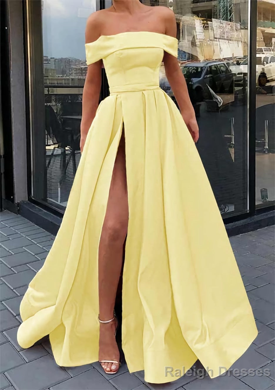 A Line Off-the-Shoulder Sleeveless Long Dress Floor Length Satin Prom Dress With Split