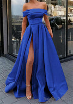 A Line Off-the-Shoulder Sleeveless Long Dress Floor Length Satin Prom Dress With Split