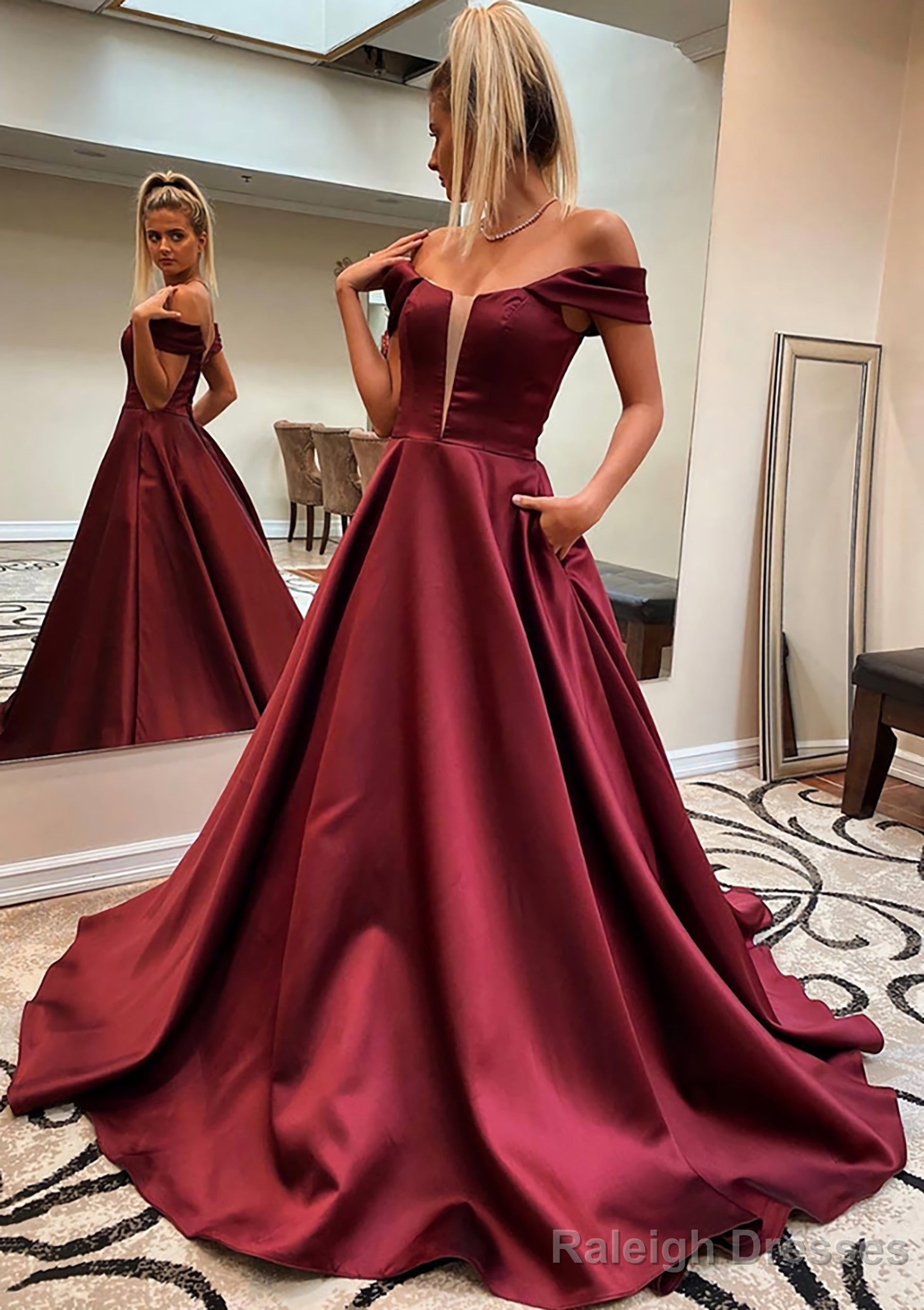 A-line Off-the-Shoulder Sleeveless Satin Sweep Train Prom Dresses With Pockets Main image