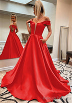 A Line Off-the-Shoulder Sleeveless Satin Sweep Train Prom Dress With Pockets