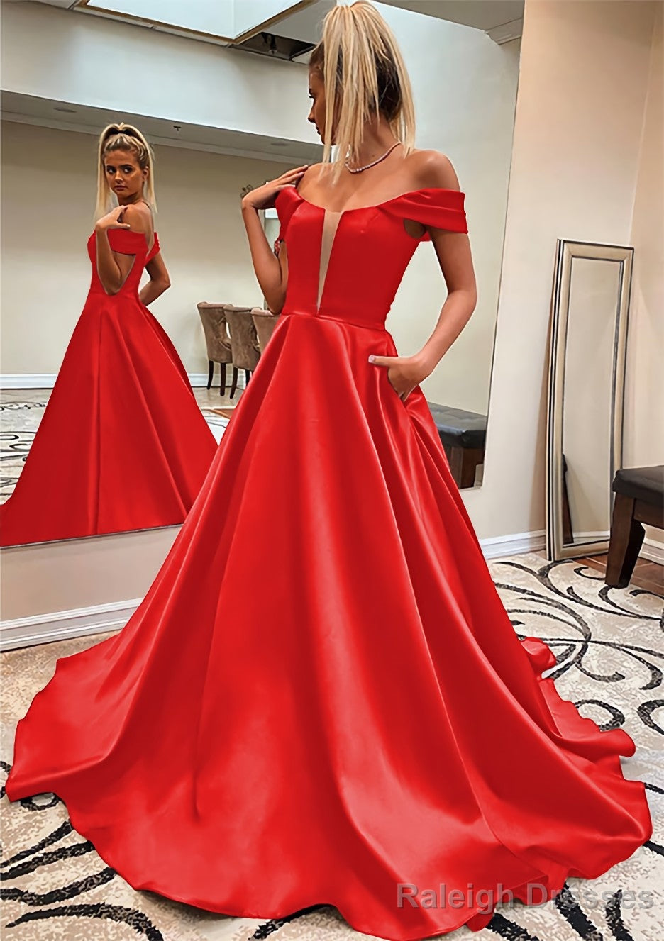 A Line Off-the-Shoulder Sleeveless Satin Sweep Train Prom Dress With Pockets