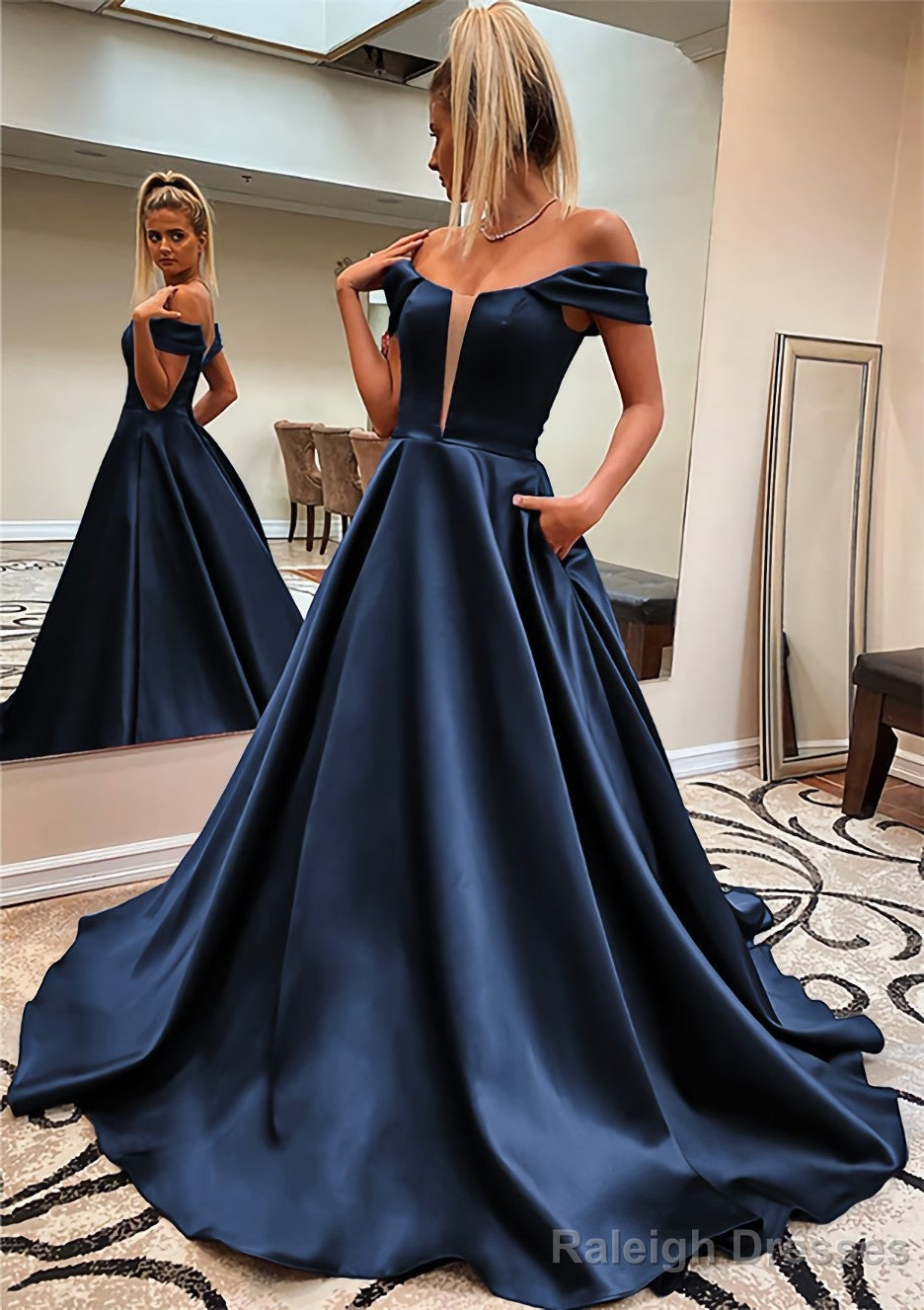 A Line Off-the-Shoulder Sleeveless Satin Sweep Train Prom Dress With Pockets