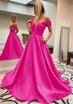 A Line Off-the-Shoulder Sleeveless Satin Sweep Train Prom Dress With Pockets