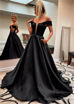 A Line Off-the-Shoulder Sleeveless Satin Sweep Train Prom Dress With Pockets
