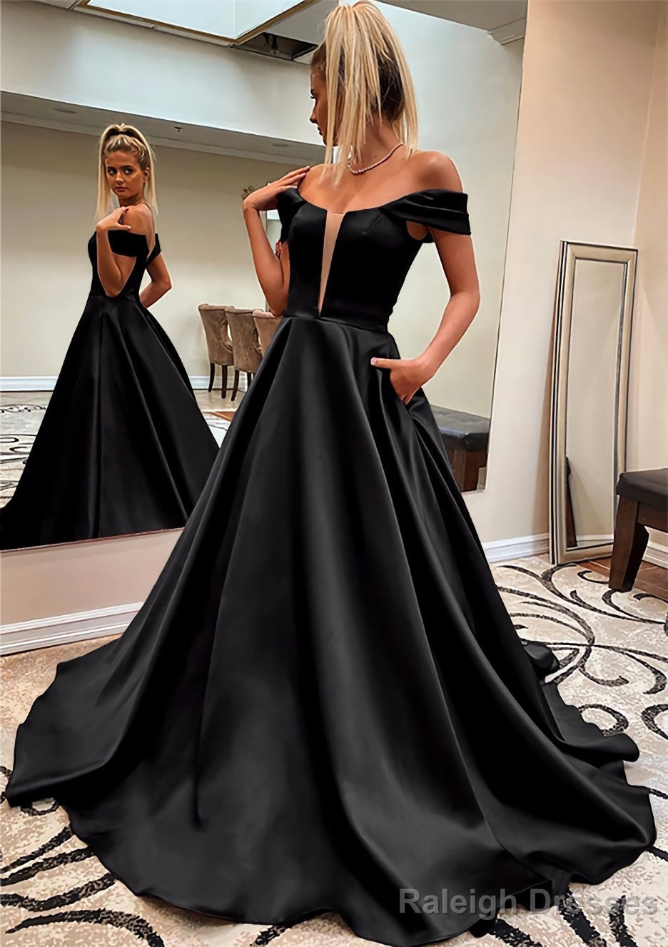 A Line Off-the-Shoulder Sleeveless Satin Sweep Train Prom Dress With Pockets