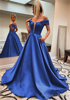 A Line Off-the-Shoulder Sleeveless Satin Sweep Train Prom Dress With Pockets