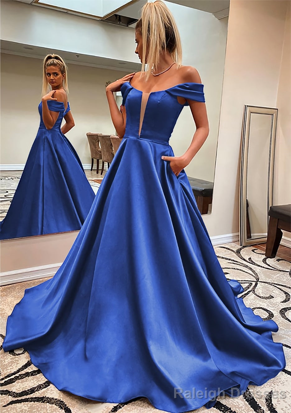 A Line Off-the-Shoulder Sleeveless Satin Sweep Train Prom Dress With Pockets