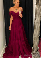 A-line Off-the-Shoulder Sleeveless Sweep Train Tulle Prom Dresses With Pleated